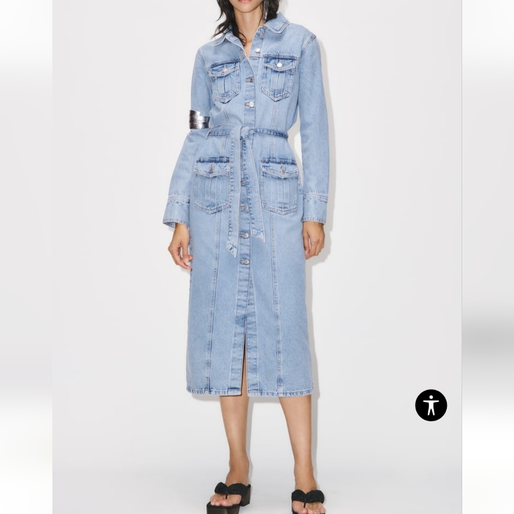 Zara Denim Pockets And Belt Dress
